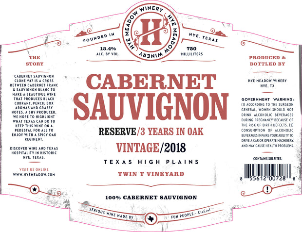 2018 Reserve Cabernet Sauvignon (4 bottles left)